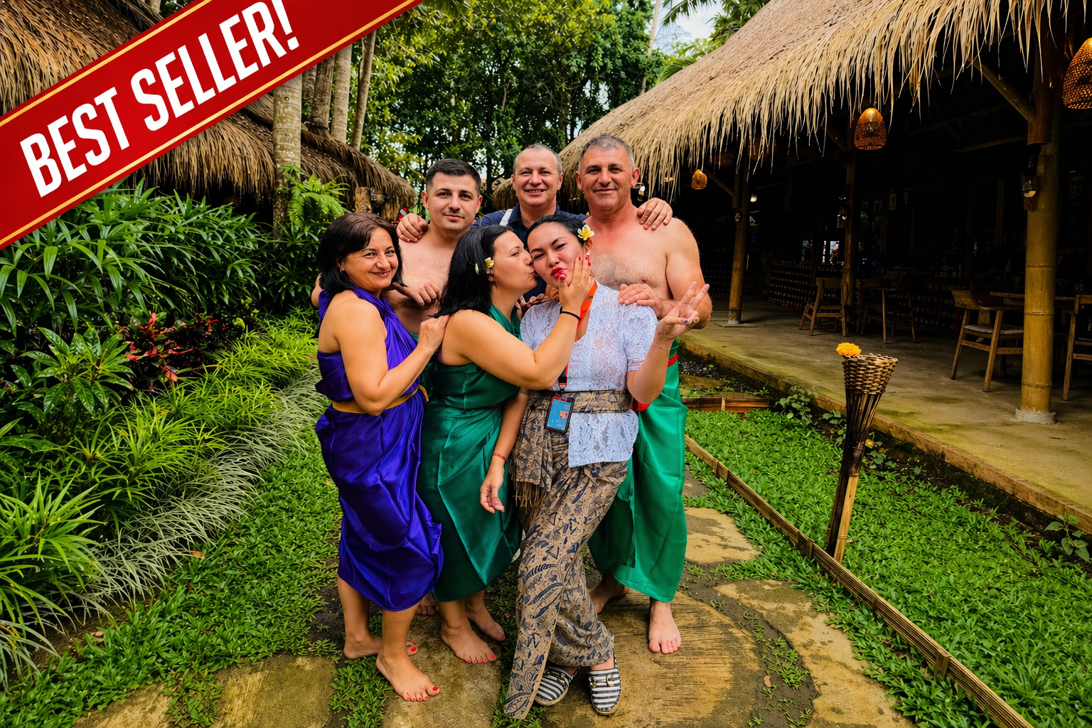 Custom Bali tour with guide in traditional village, tourists enjoying authentic local culture experience