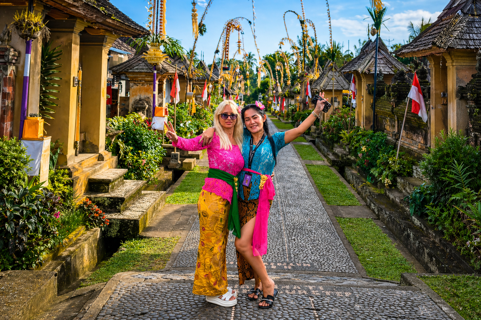 Traditional Balinese dress experience with local guide on Bali cultural tour in authentic village