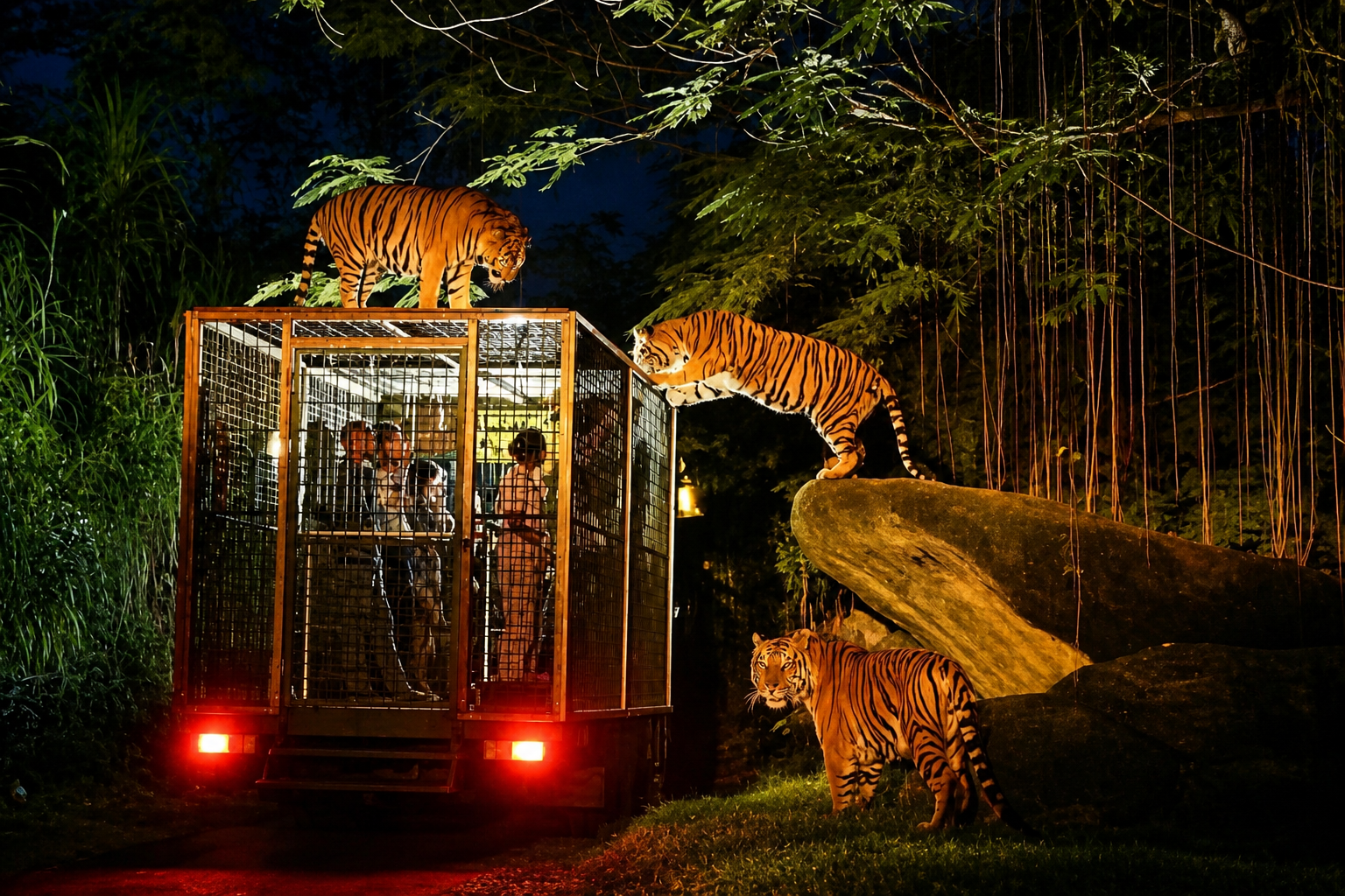 Bali Safari Night tour with cage ride surrounded by tigers at Bali Safari and Marine Park