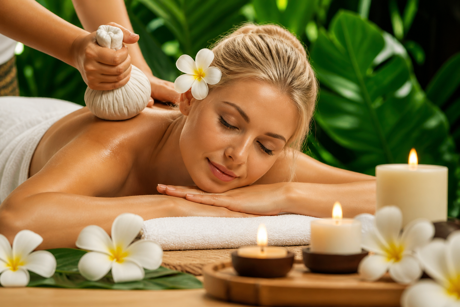 Bali spa massage experience with a woman relaxing during traditional Balinese treatment in a luxury spa setting