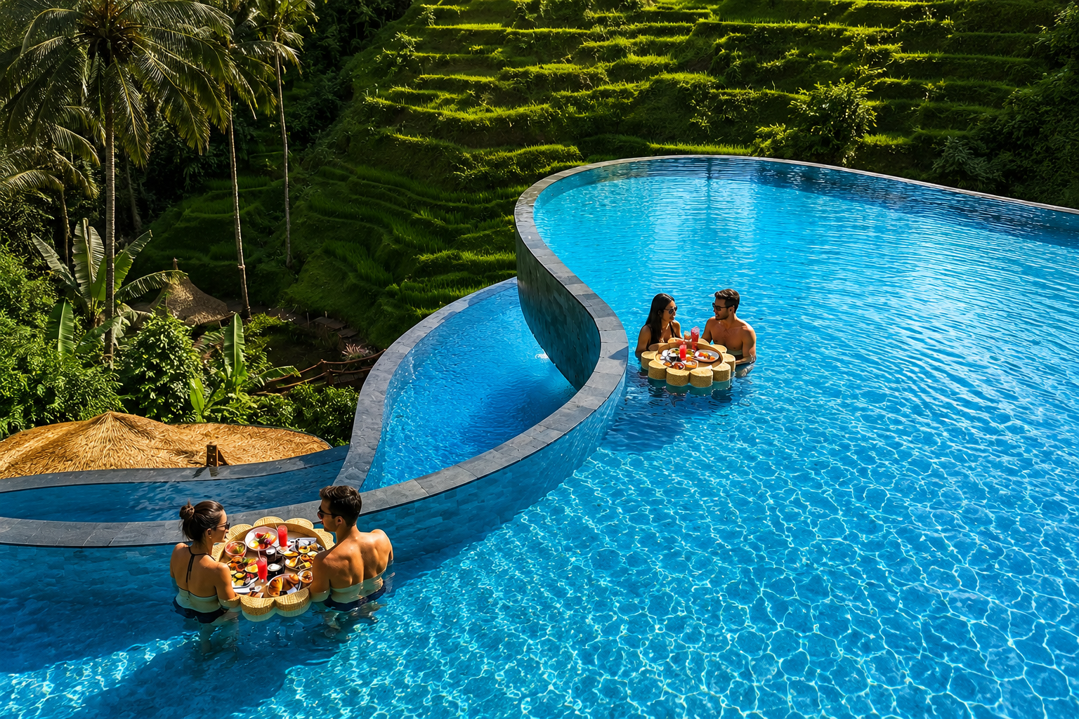 floating breakfast in ubud bali with infinity pool and rice terrace view