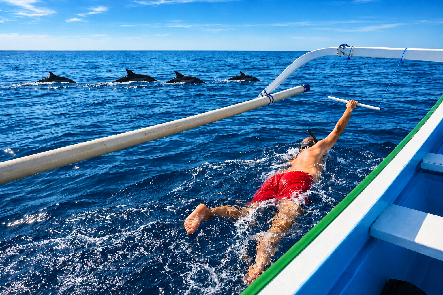 Person swimming with wild dolphins in Lovina Bali ocean